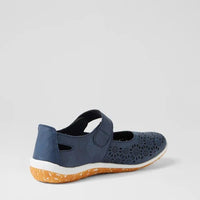 A navy blue Mary Jane-style shoe with a perforated upper, hook-and-loop strap, and a textured orange-brown sole, shown from a side-rear angle on a light gray background.