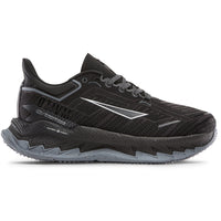 Black running shoe with gray sole on a white background