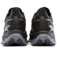 Black running shoes with visible sole design on a white background