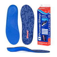Blue shoe insole with Pinnacle Plus Met branding and a Powerstep branded box on a white background.