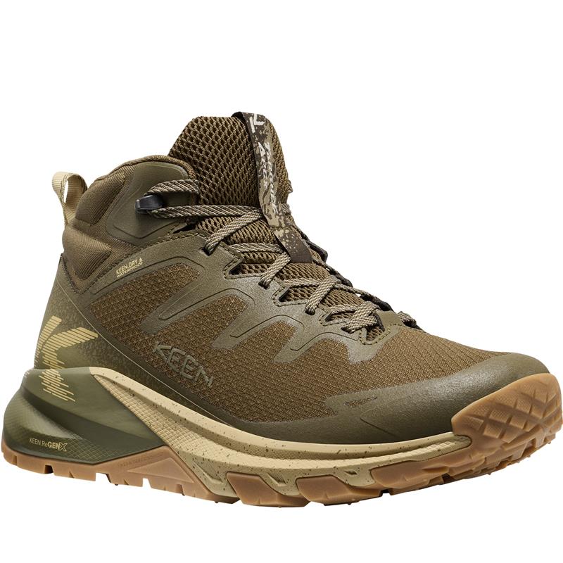 Brown hiking boot with a textured sole on a white background