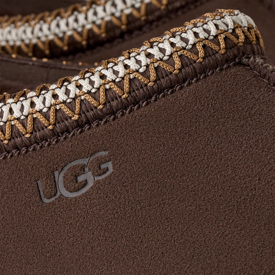 Close-up of a brown UGG product with braided trim