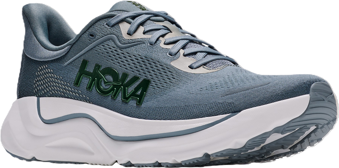 A Hoka running shoe in slate blue and white, featuring a textured blue mesh upper, a prominent green &