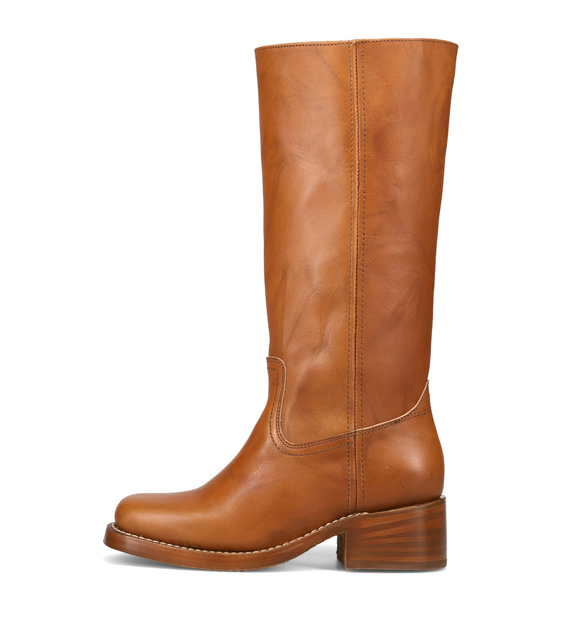 A single mid-calf leather boot in a warm tan-brown color, shown from a side profile against a plain white background.