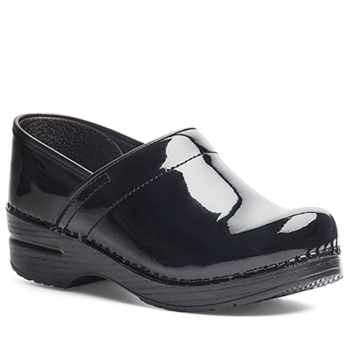 Black patent leather clog shoe on a white background