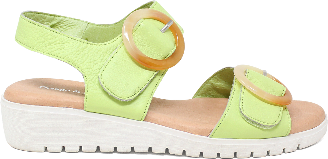 Green sandal with a strap and white sole on a white background