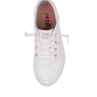 A single white canvas sneaker shown from the back, featuring a textured dark brown leather heel tab and white laces, set against a plain white background.