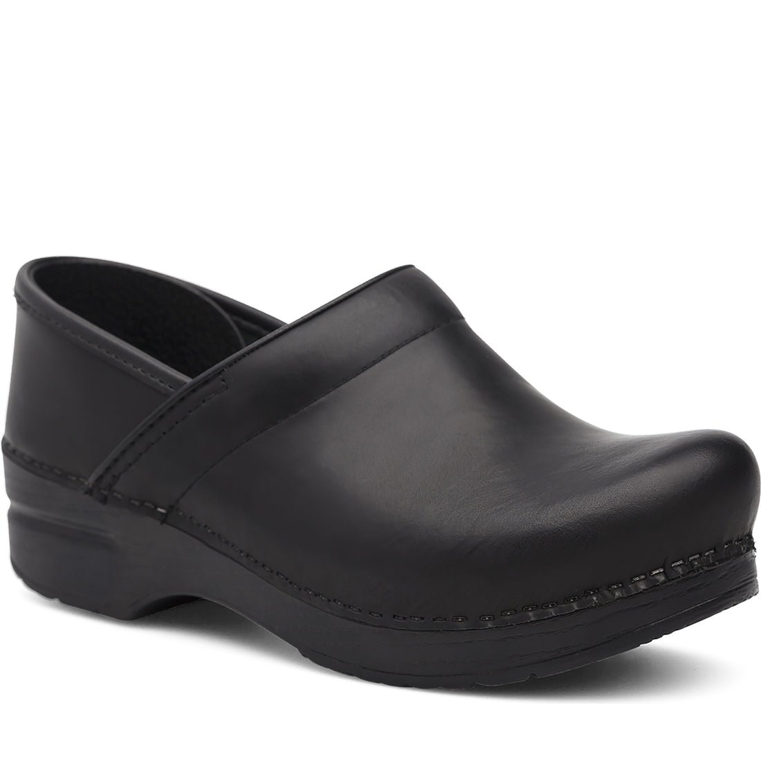 Black leather clog shoe on a white background